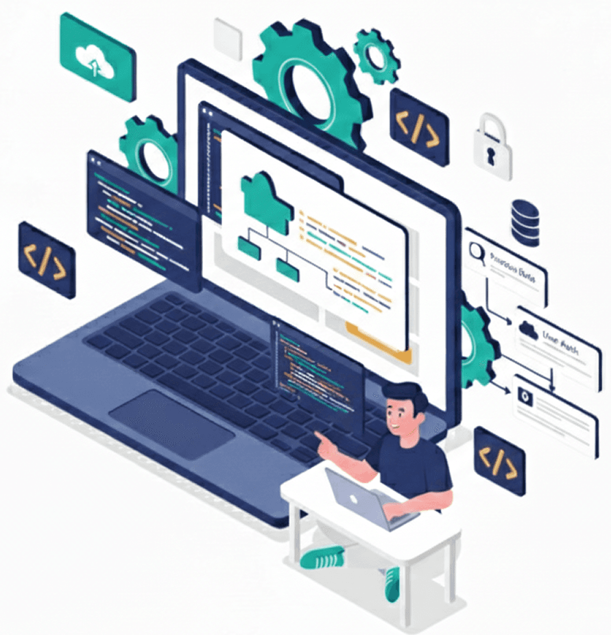 Isometric illustration of custom software development